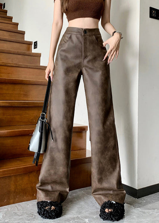 Modern Brown Pockets High Waist Faux Leather Pants Fall Er016