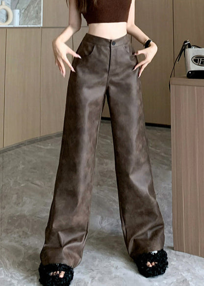 Modern Brown Pockets High Waist Faux Leather Pants Fall Er016