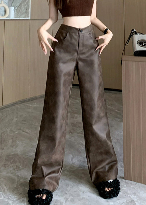Modern Brown Pockets High Waist Faux Leather Pants Fall Er016