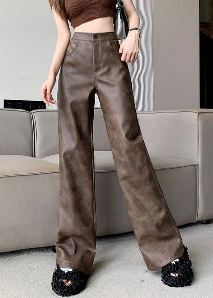 Modern Brown Pockets High Waist Faux Leather Pants Fall Er016