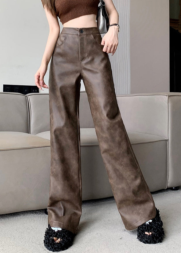 Modern Brown Pockets High Waist Faux Leather Pants Fall Er016