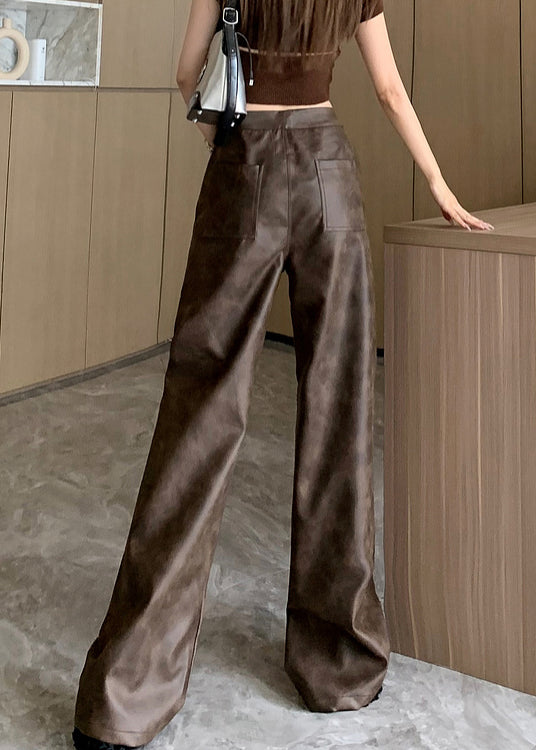 Modern Brown Pockets High Waist Faux Leather Pants Fall Er016