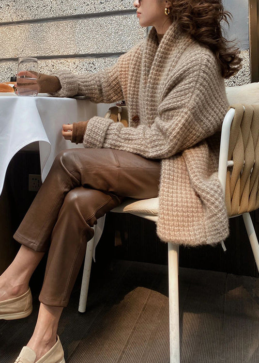Modern Camel V Neck Button Knit Cardigan Fall Wo039