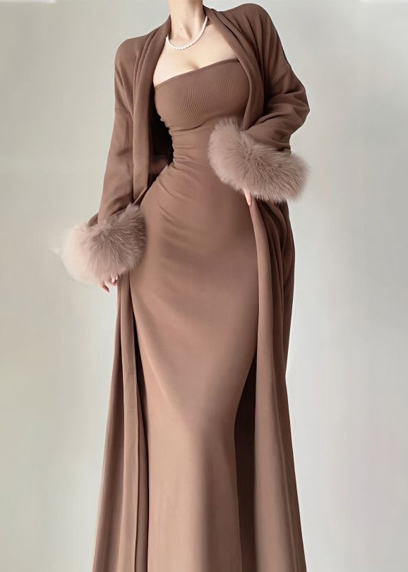 Modern Coffee Knit Cotton Long Cardigans and Long Dress Two Pieces Set Winter Rp021