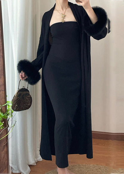 Modern Coffee Knit Cotton Long Cardigans and Long Dress Two Pieces Set Winter Rp021