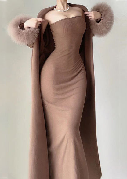 Modern Coffee Knit Cotton Long Cardigans and Long Dress Two Pieces Set Winter Rp021