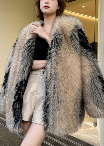 Modern Colorblock Leather and Fur Coats V Neck Winter Rd006