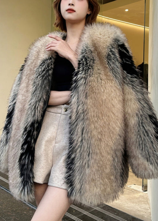 Modern Colorblock Leather and Fur Coats V Neck Winter Rd006