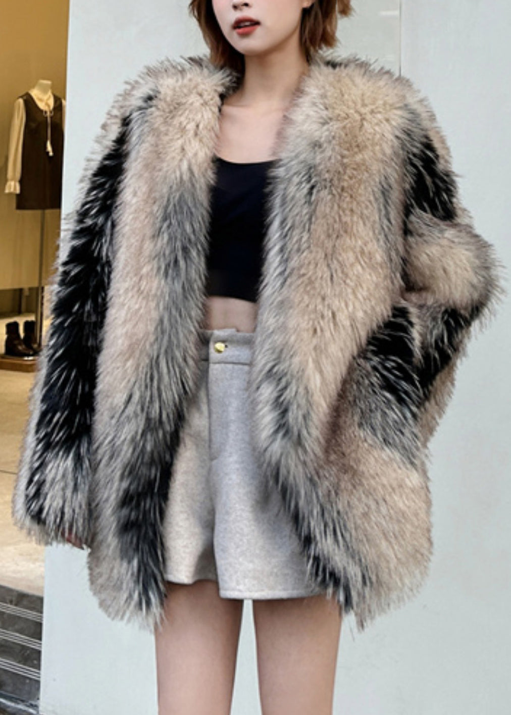 Modern Colorblock Leather and Fur Coats V Neck Winter Rd006
