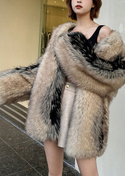 Modern Colorblock Leather and Fur Coats V Neck Winter Rd006