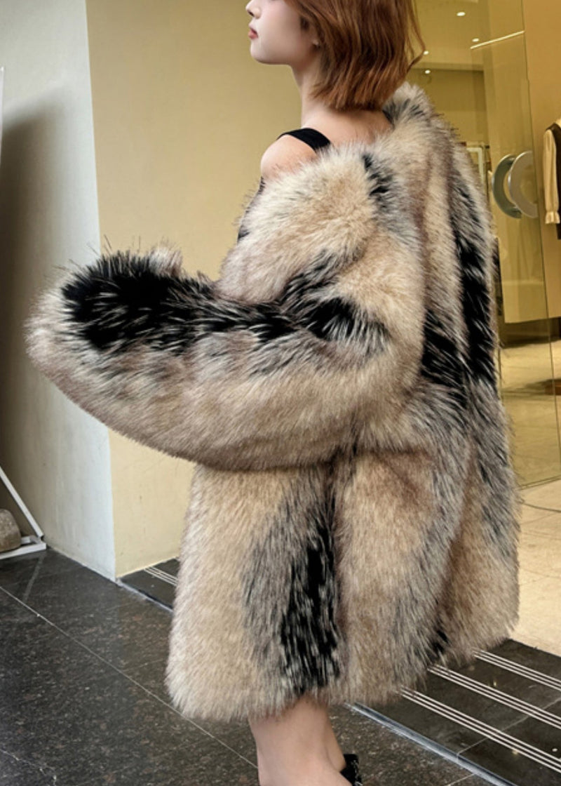 Modern Colorblock Leather and Fur Coats V Neck Winter Rd006