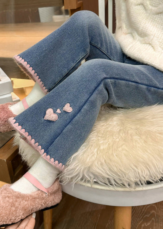 Modern Denim Blue Love Pockets Warm Fleece Crop Flared Pants Spring Tv004