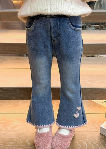 Modern Denim Blue Love Pockets Warm Fleece Crop Flared Pants Spring Tv004