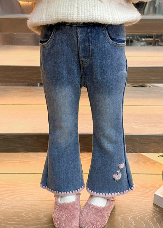 Modern Denim Blue Love Pockets Warm Fleece Crop Flared Pants Spring Tv004