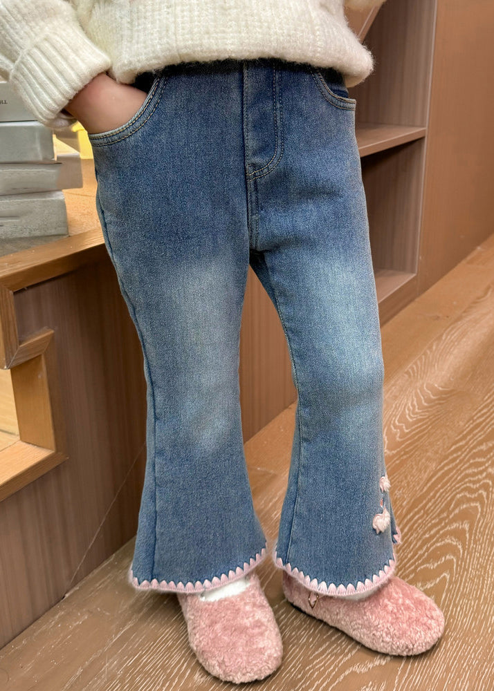 Modern Denim Blue Love Pockets Warm Fleece Crop Flared Pants Spring Tv004