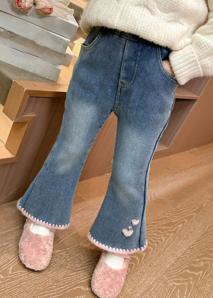 Modern Denim Blue Love Pockets Warm Fleece Crop Flared Pants Spring Tv004