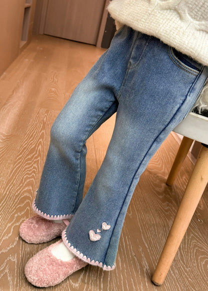Modern Denim Blue Love Pockets Warm Fleece Crop Flared Pants Spring Tv004