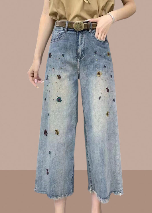 Modern Denim Blue Pockets High Waist Crop Wide Leg Pants Summer Gh1015
