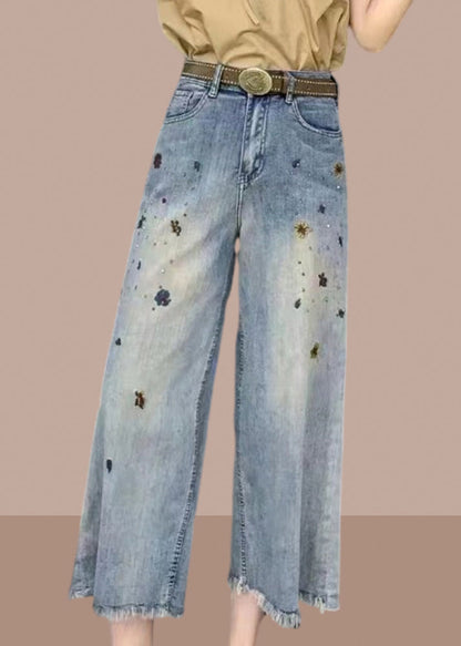 Modern Denim Blue Pockets High Waist Crop Wide Leg Pants Summer Gh1015