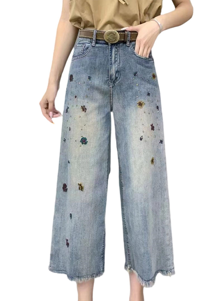 Modern Denim Blue Pockets High Waist Crop Wide Leg Pants Summer Gh1015