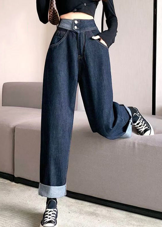 Modern Denim Blue Pockets High Waist Pants Fall Qt040