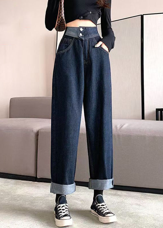 Modern Denim Blue Pockets High Waist Pants Fall Qt040