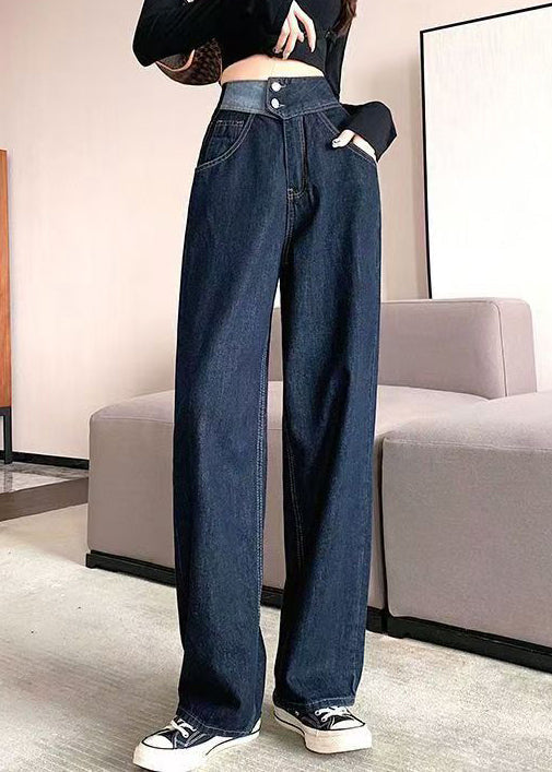 Modern Denim Blue Pockets High Waist Pants Fall Qt040