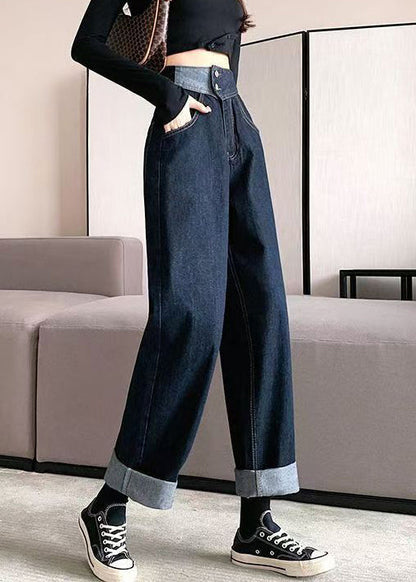 Modern Denim Blue Pockets High Waist Pants Fall Qt040