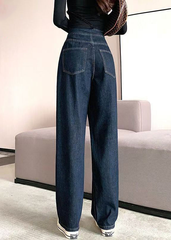 Modern Denim Blue Pockets High Waist Pants Fall Qt040
