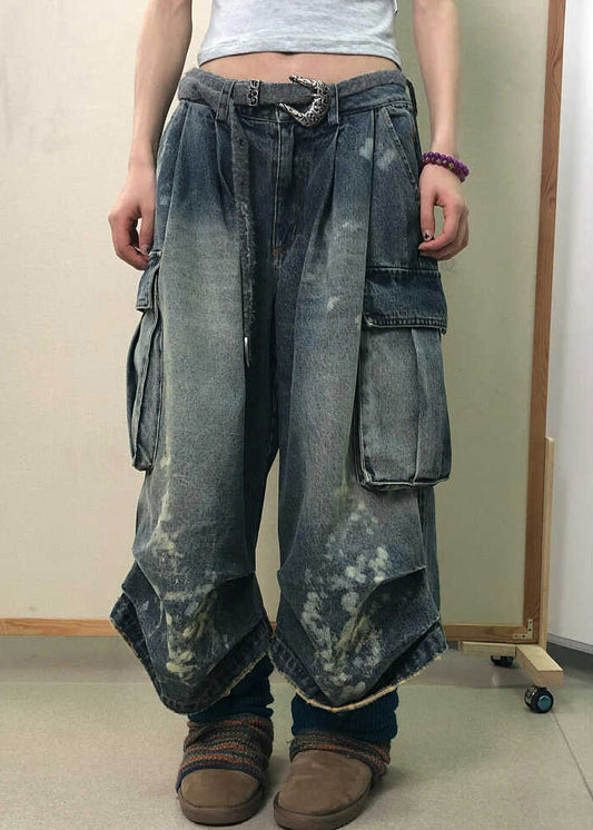 Modern Denim Blue Pockets High Waist Patchwork Crop Pants Fall Qf043