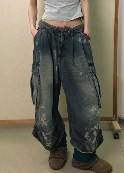 Modern Denim Blue Pockets High Waist Patchwork Crop Pants Fall Qf043