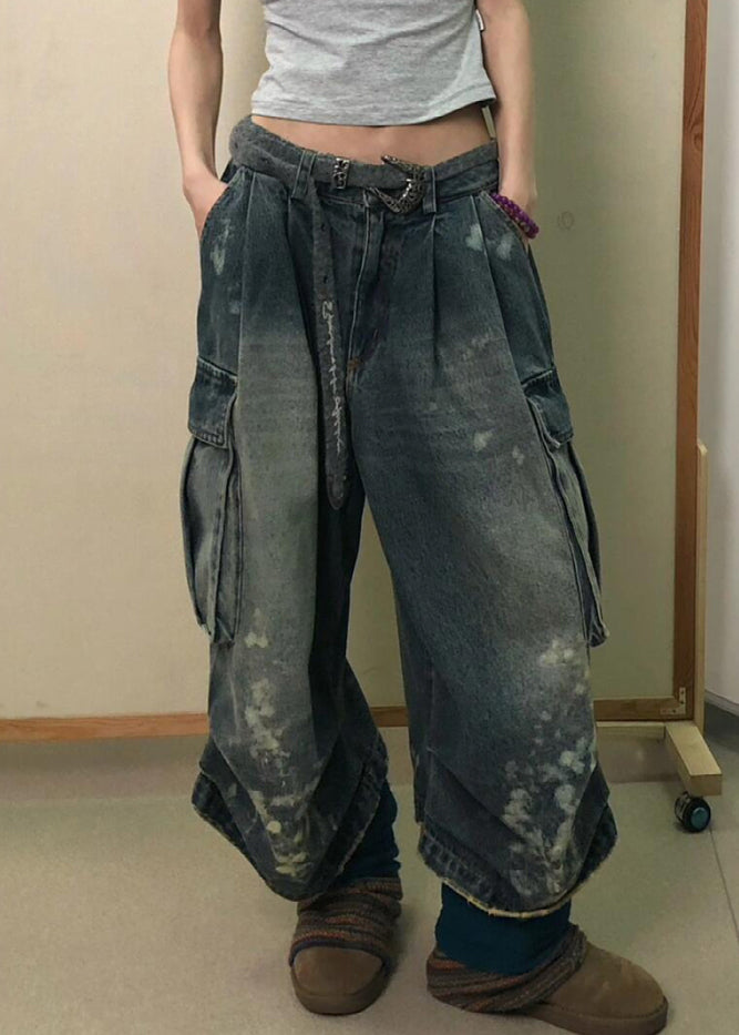 Modern Denim Blue Pockets High Waist Patchwork Crop Pants Fall Qf043