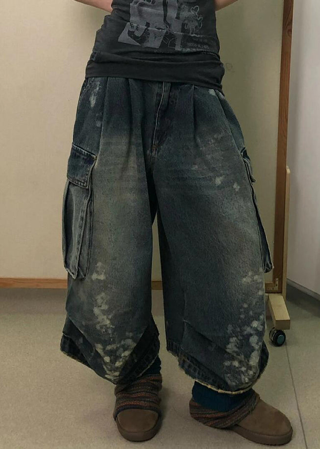 Modern Denim Blue Pockets High Waist Patchwork Crop Pants Fall Qf043