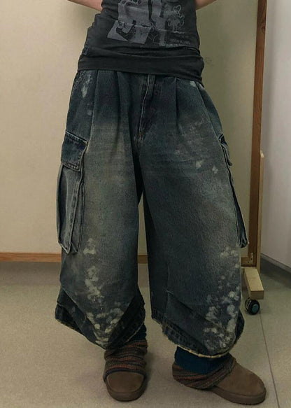 Modern Denim Blue Pockets High Waist Patchwork Crop Pants Fall Qf043