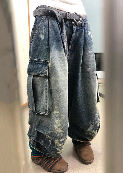 Modern Denim Blue Pockets High Waist Patchwork Crop Pants Fall Qf043