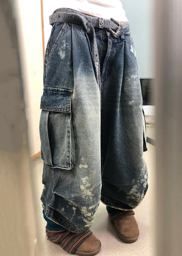 Modern Denim Blue Pockets High Waist Patchwork Crop Pants Fall Qf043