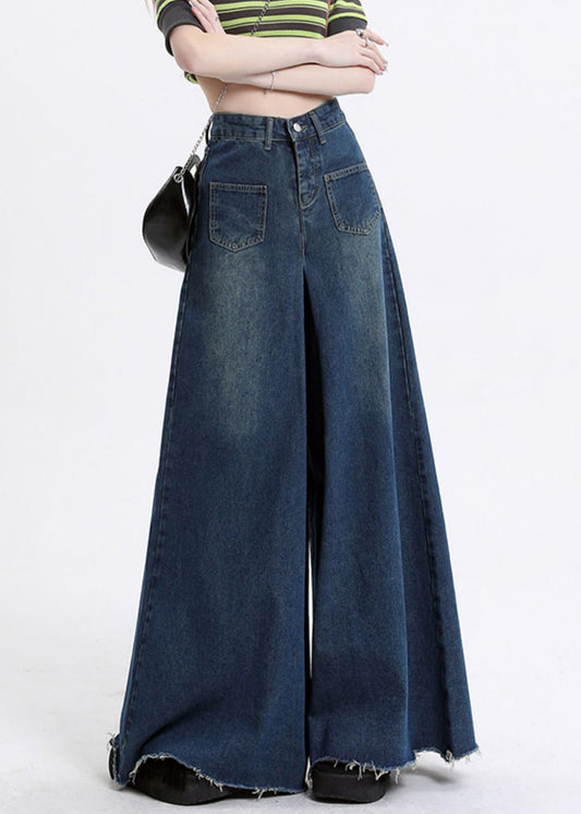 Modern Denim Blue Pockets High Waist Wide Leg Pants Fall Aw1002