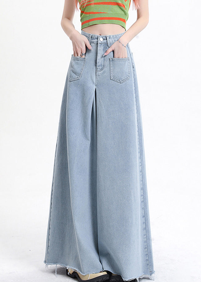 Modern Denim Blue Pockets High Waist Wide Leg Pants Fall Aw1002