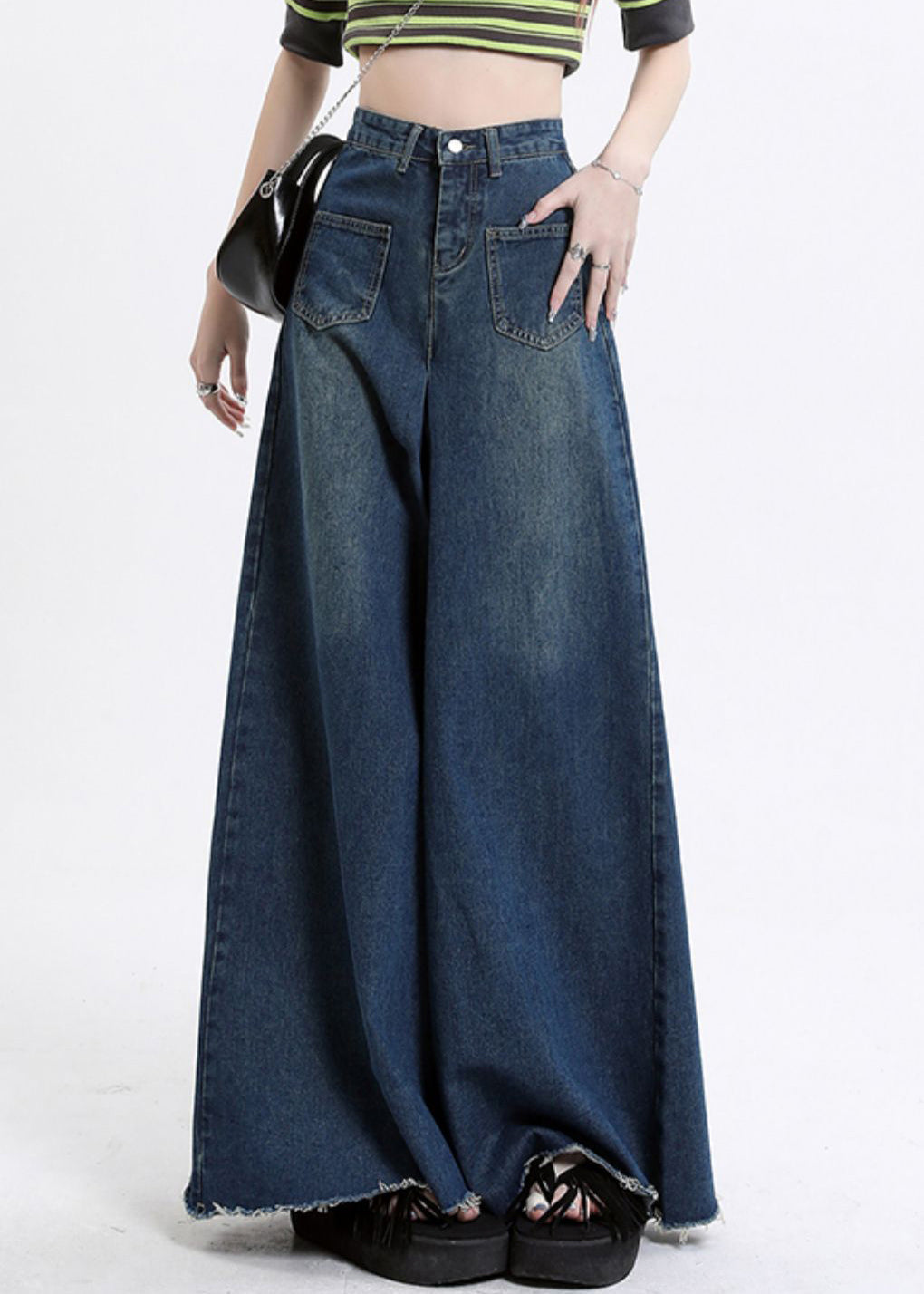 Modern Denim Blue Pockets High Waist Wide Leg Pants Fall Aw1002