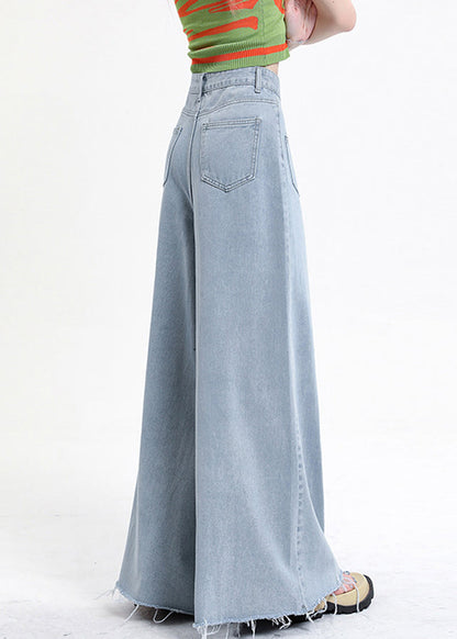 Modern Denim Blue Pockets High Waist Wide Leg Pants Fall Aw1002