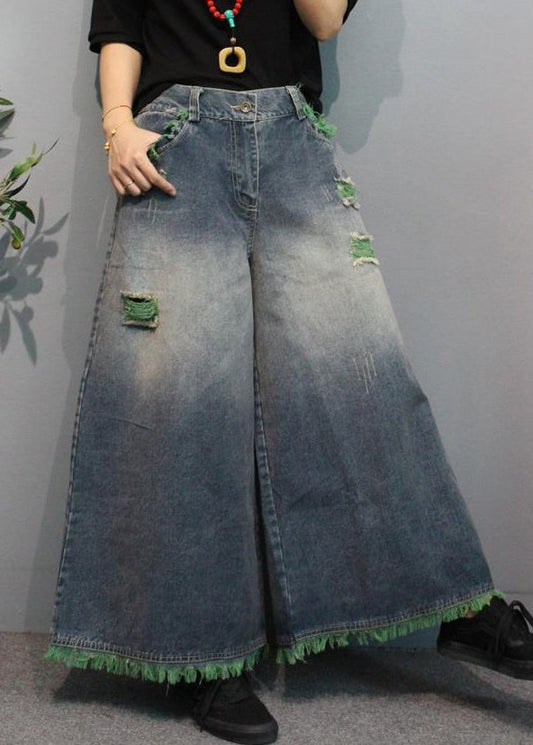 Modern Green Pockets High Waist Denim Wide Leg Pants Summer Mn096