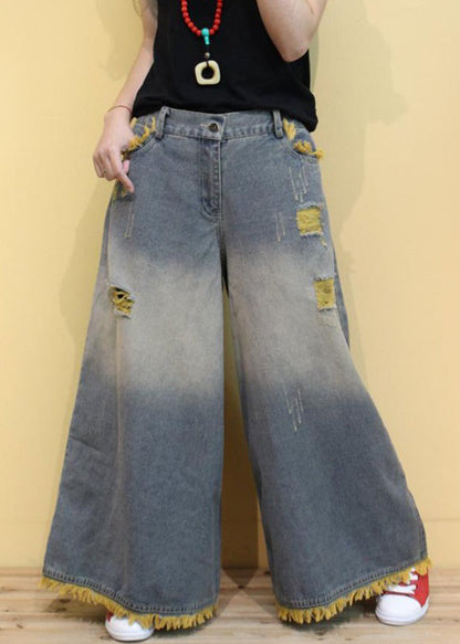 Modern Green Pockets High Waist Denim Wide Leg Pants Summer Mn096