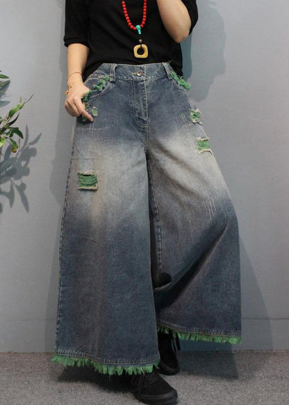 Modern Green Pockets High Waist Denim Wide Leg Pants Summer Mn096