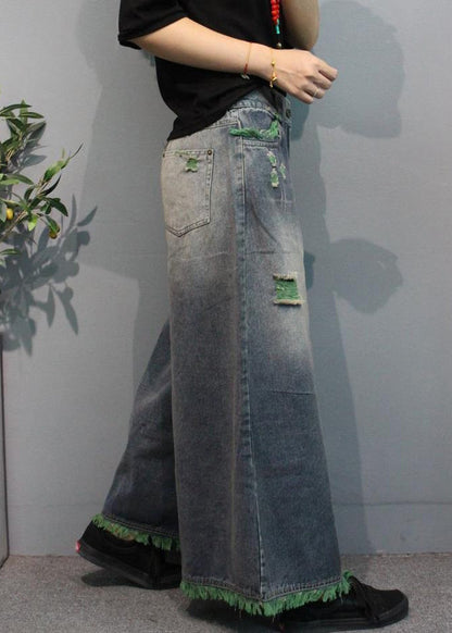 Modern Green Pockets High Waist Denim Wide Leg Pants Summer Mn096