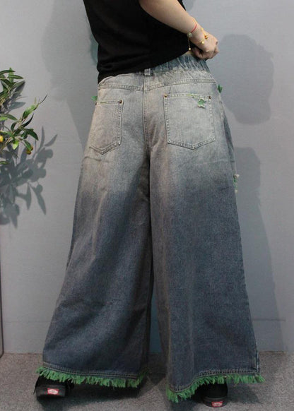 Modern Green Pockets High Waist Denim Wide Leg Pants Summer Mn096