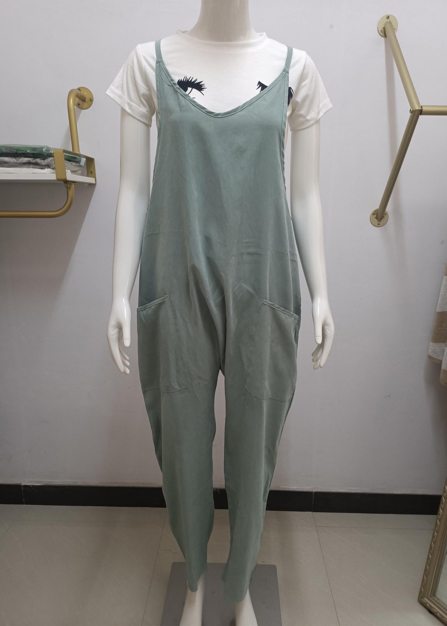 Modern Green V Neck Patchwork Jumpsuit Summer Ly1955