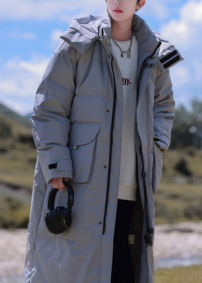 Modern Grey Hooded Button Pockets Duck Down Down Coats Winter Rj017