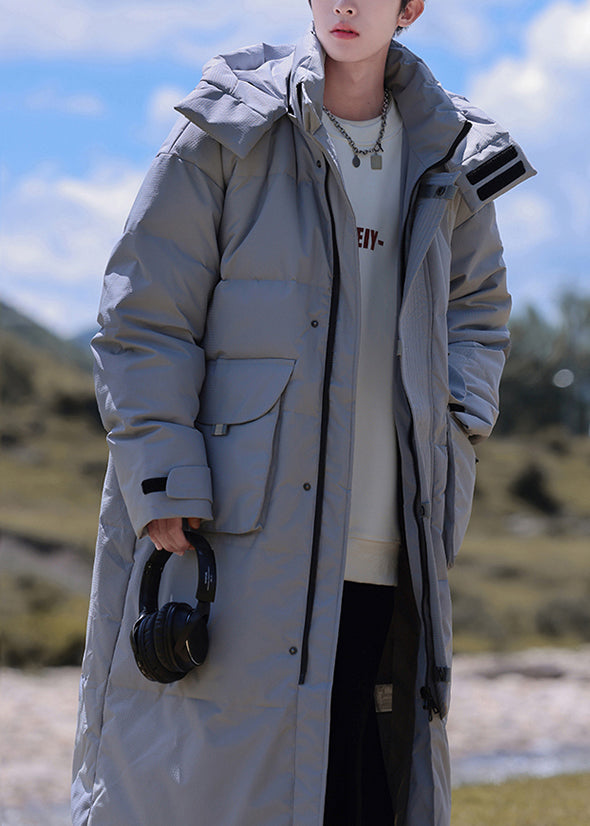 Modern Grey Hooded Button Pockets Duck Down Down Coats Winter Rj017