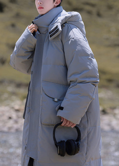 Modern Grey Hooded Button Pockets Duck Down Down Coats Winter Rj017