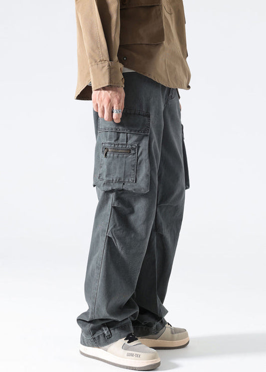 Pants High Spring Waist Grey Cotton Pockets Modern